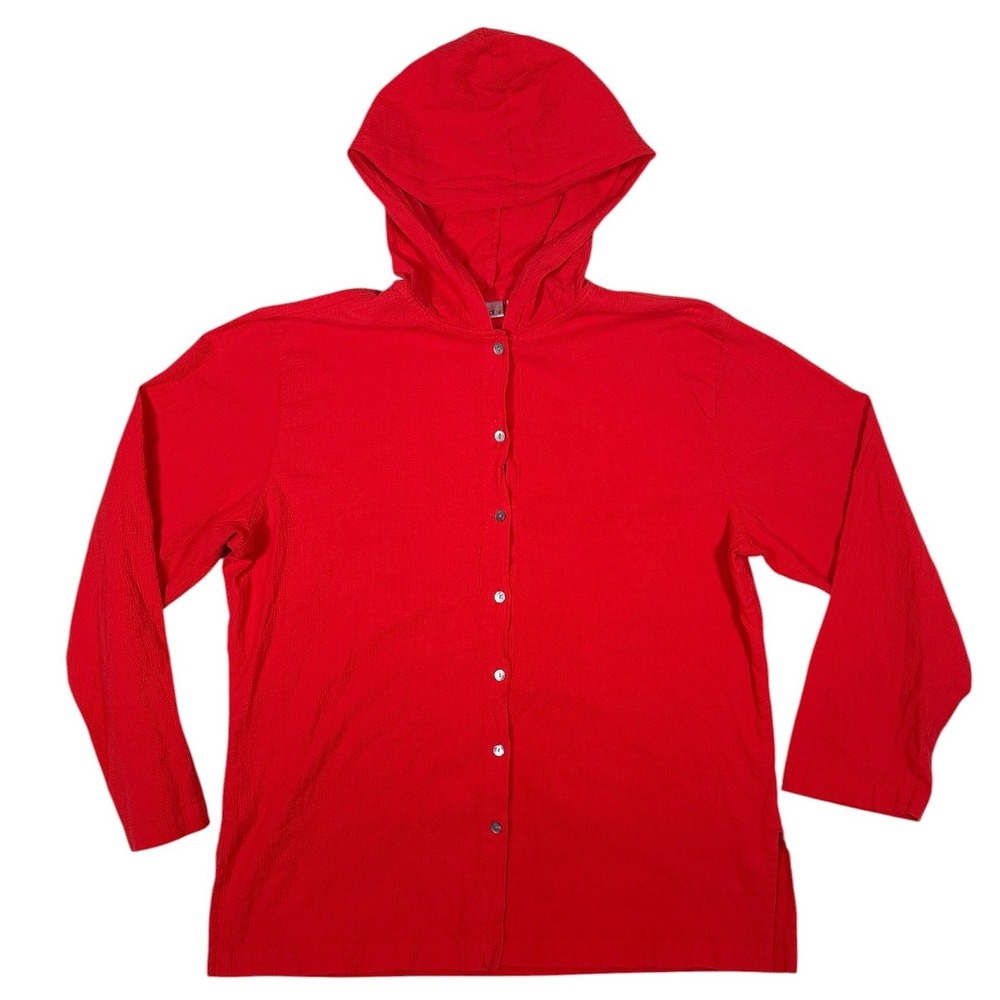 Chicos Red Crinkle Hooded Button Front Shirt Seersucker Cotton Blend Size 3 L/XL